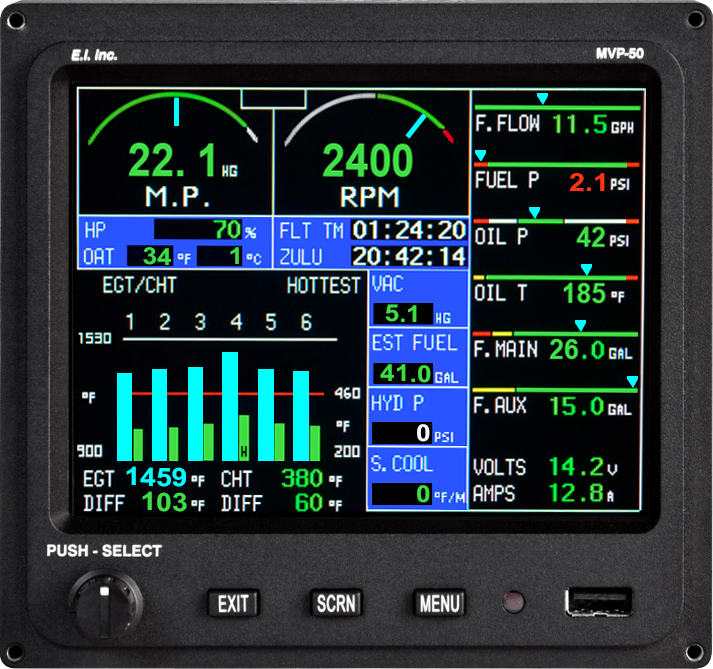 MVP-50P Glass Panel Engine Monitor for Piston Engine Aircraft - Pacific Coast Avionics